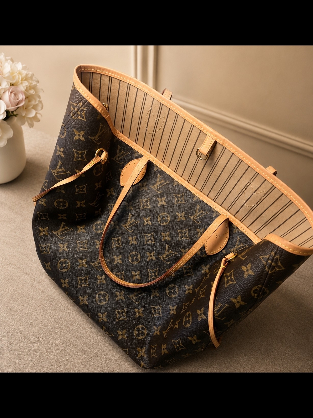 Louis Vuitton Monogram Canvas Tote in Brown with Tan Trim